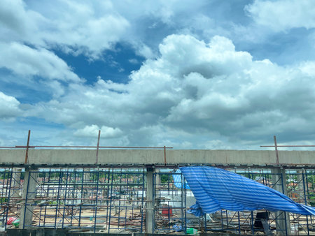 construction site with blue sky and white cloud background, Thailand.の写真素材
