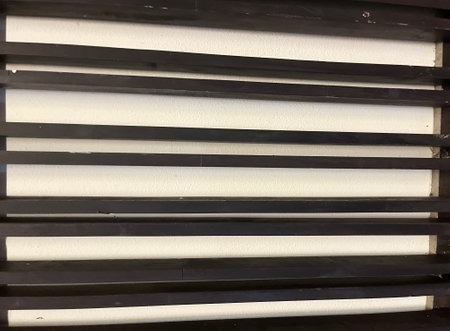 Black and white wooden blinds in a shop, closeup of photoの写真素材