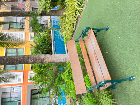 Wooden bench in the garden with green grass and blue sky.の写真素材
