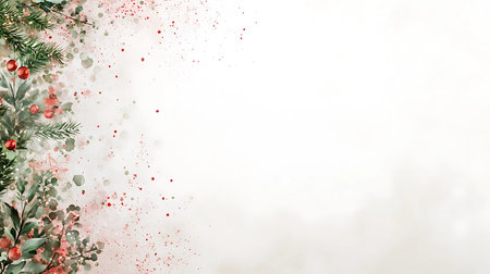 Christmas greeting card. Christmas tree branches with red berries on white background.の素材