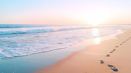 Beautiful sunset on the beach with footprints in the sand and waveの素材