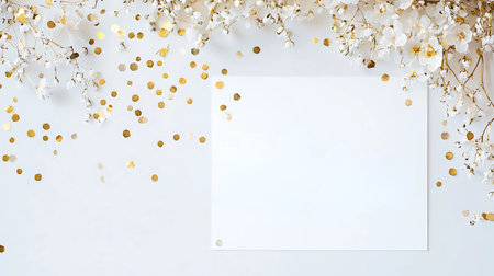 Creative flat lay top view mockup of white paper sheet with gold glitter confetti and gypsophila flowers on white background with copy space.の素材
