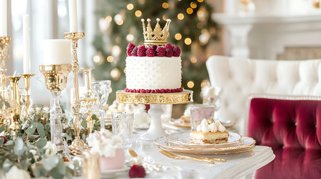 Wedding cake with a crown on the background of the Christmas treeの素材