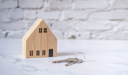 Miniature wooden house with a key on a white brick floor. Insurance, mortgage, trading, home brokerage, housing needs. House prices rising house prices. Eco-friendly housing and falling Copy spaceの写真素材