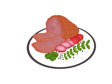 Sliced ham on a plate with parsley. Vector illustrationの写真素材