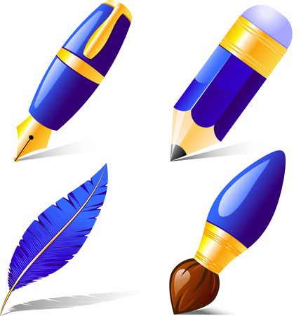 Pencil, pen, brush, feather. Isolated on white. 8のイラスト素材