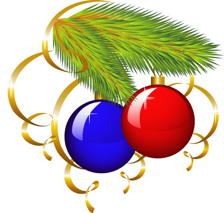 The branch of a Christmas tree with paper streamers and colorful balloons. Isolated on white. EPS 8のイラスト素材