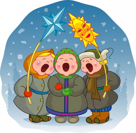 The children sing a Christmas song on a winter backgroundのイラスト素材