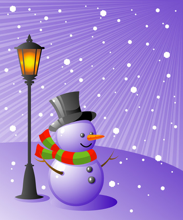 Snowman stands under a lamp on a snowy eveningのイラスト素材