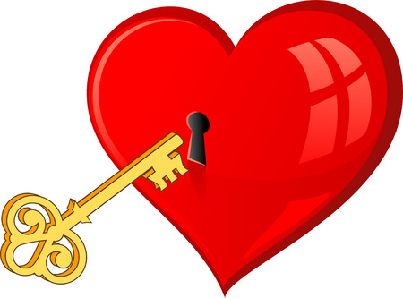 Golden key opens the heart. Over white.  のイラスト素材