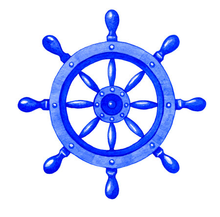 Watercolor illustration of ship wheel on white backgroundの写真素材