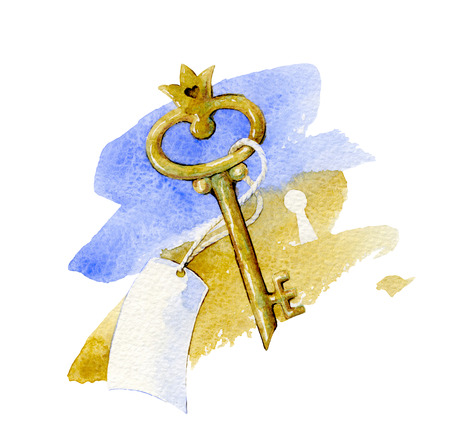Golden key with blank label  Watercolor illustrationの写真素材