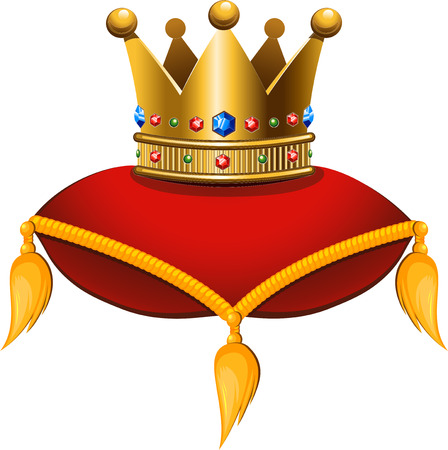 Gold crown on a crimson cushion. Vector illustration on a white background.のイラスト素材