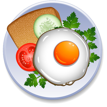 Fried egg, toast and vegetables on the plateのイラスト素材