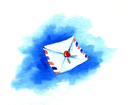 Envelope against the blue sky. Watercolor illustrationの写真素材