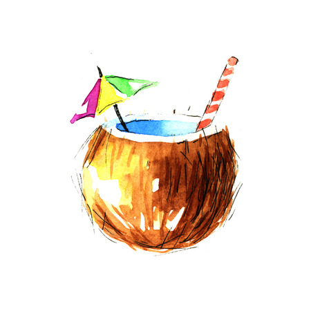 Coconut cocktail. Watercolor illustration on a white backgroundの写真素材