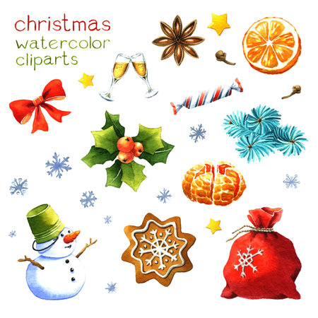 Christmas clipart watercolor on white backgroundの写真素材