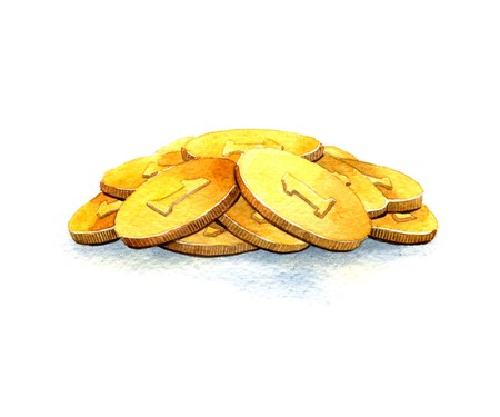 Bunch of gold coins. Watercolor illustration on whiteの写真素材