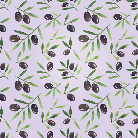 Seamless hand-drawn watercolor background with olive branchesの写真素材
