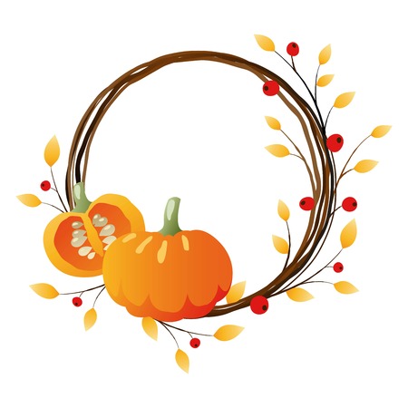 Autumn wreath with pumpkins on white backgroundのイラスト素材