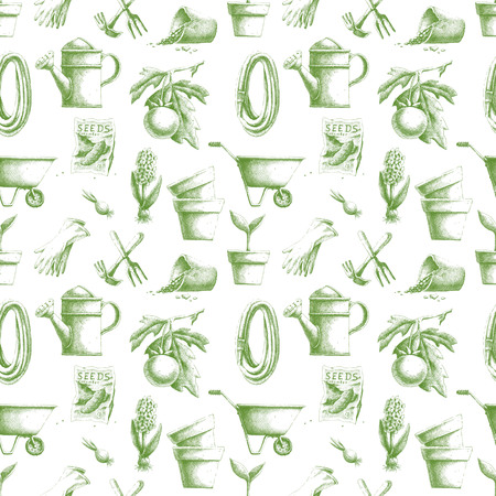 Seamless pattern with green color hand-drawn gardening elementsの写真素材