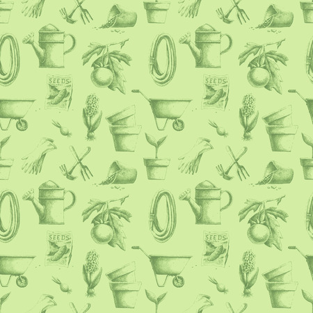 Green seamless pattern with hand-drawn gardening elementsの写真素材