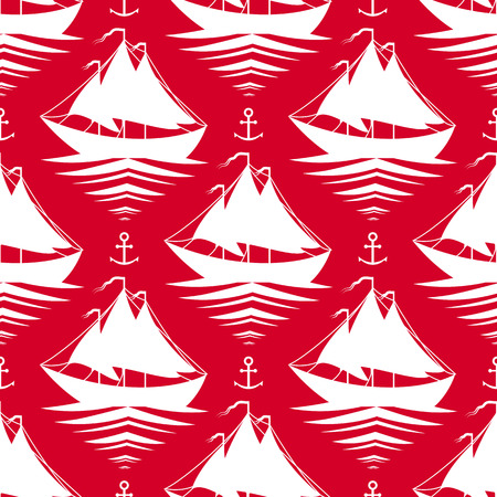 Red seamless pattern with sailboats and anchorsの写真素材