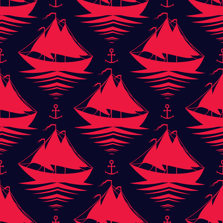 Dark seamless pattern with sailboats and anchorsの写真素材