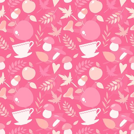 Pink autumn seamless pattern with mushrooms, leaves and other elements.の写真素材
