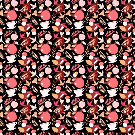 Black autumn seamless pattern with mushrooms, leaves and other elements.の写真素材