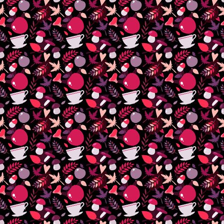 Black autumn seamless pattern with mushrooms, leaves and other elements.の写真素材