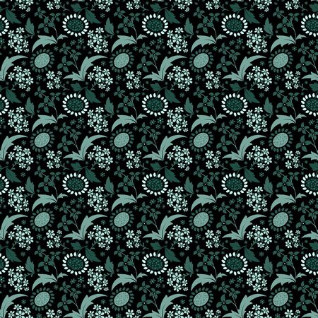 Black seamless pattern with a set of stylized floral elements.の写真素材