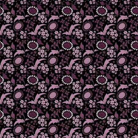 Black seamless pattern with a set of stylized floral elements.の写真素材