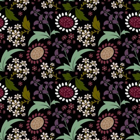 Black seamless pattern with a set of stylized floral elements.の写真素材