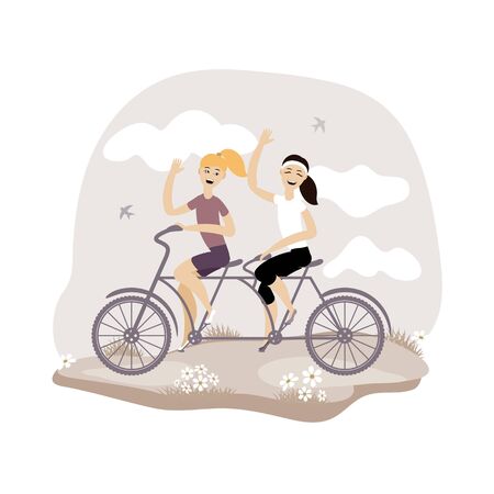 Young girls ride a double bike. Vector illustration. Eps 10のイラスト素材