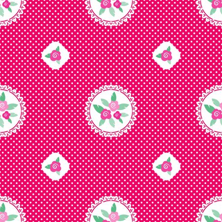 Pink white polka dot seamless jpeg pattern with floral elementsの写真素材