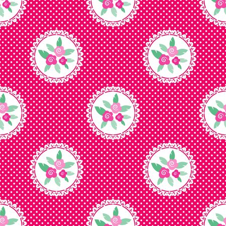 Pink white polka dot seamless jpeg pattern with floral elementsの写真素材
