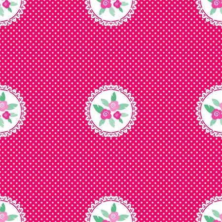 Pink white polka dot seamless jpeg pattern with floral elementsの写真素材