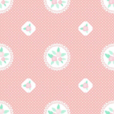 Pink white polka dot seamless jpeg pattern with floral elementsの写真素材