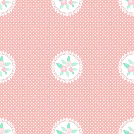 Pink white polka dot seamless jpeg pattern with floral elementsの写真素材