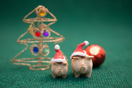 two pigs wearing christmas hat stand on green background