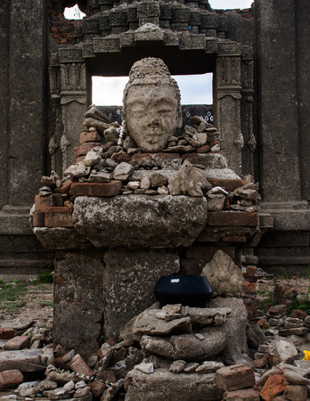 Head actors and ruins at Sangkhlaburi Kanchanaburi Thailandの写真素材