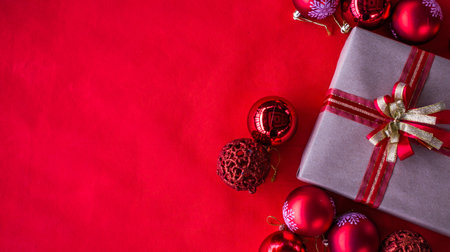 Merry Christmas festive decoration with red Christmas bauble, gold twisted tinsel garland on red...