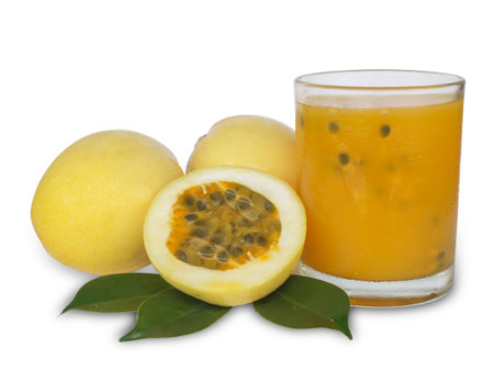 Passion fruit - Passion fruits half and juice with leaves