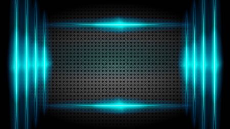 Dark background with small round holes spread around and light blue, and green components.の写真素材