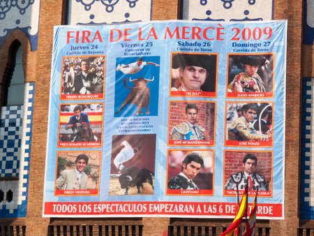 Barcelona, Spain - September 27, 2009: Poster Merce Fair (Barcelona), indicating the dates and bullfighters participating in bullfights during the Merce parties from 24 to 27 September 2009, bullring in Barcelonaのeditorial素材