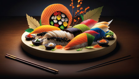 Sushi set on a wooden plate with chopsticks and wasabiの素材