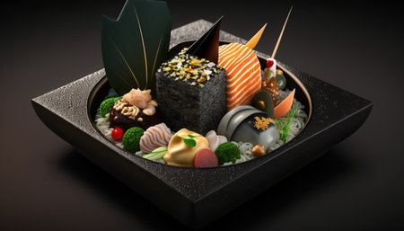 Sushi set in a black plate on a black background. 3d illustrationの素材
