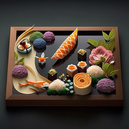 Japanese food in wooden box on black background. 3D illustration.の素材
