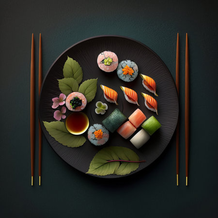 Sushi set with chopsticks on black plate. Top view.の素材